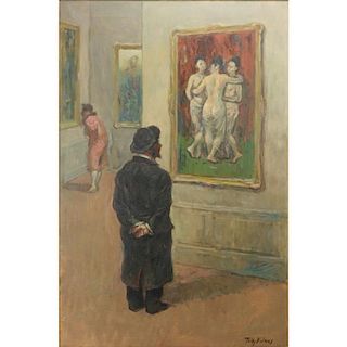 Tully Filmus, American/Russian (b.1903) oil on canvas "Rabbi In Gallery" Signed lower right.