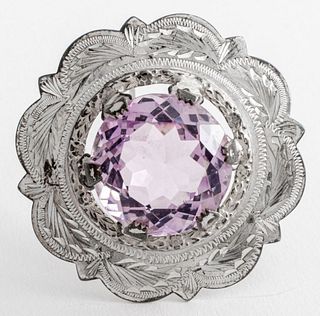 Antique Silver Amethyst Hand Engraved Pin / Brooch