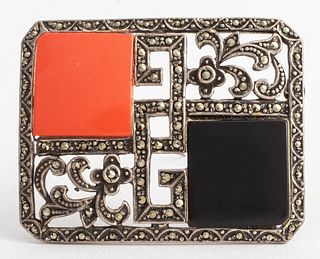 Vintage Silver Onyx, Faux Coral & Marcasite Brooch