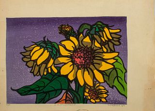 Clifton Karhu "Sunflowers" Woodcut on Paper