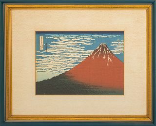 After Hokusai Katsuhika Red Fuji Woodcut on Paper