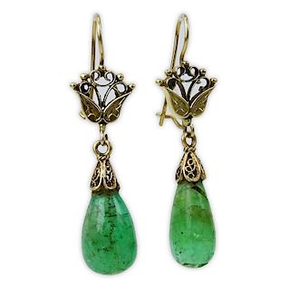 Vintage Tear Drop Emerald and 14 Karat Yellow Gold Pendant Earrings