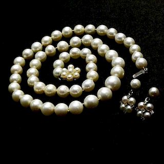 Vintage Single Strand 7.5mm-10.0mm White Pearl Necklace with 14 Karat White Gold Clasp and with Matching Earrings Accented wi