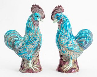 Chinese Export Turquoise & Aubergine Roosters, 2