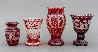 Bohemian Red Flash Etched Glass Group, 4