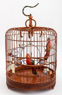 Chinese Vintage Wooden Bird Cage with Porcelain