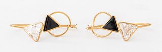 14K Yellow Gold Onyx & CZ Wire Hoop Earrings