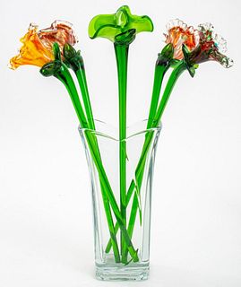 Arrangement of 5 Glass Flowers in Glass Vase