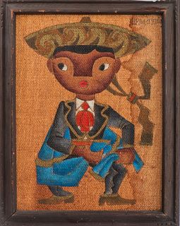 Mexican Folk Art Painted Grasscloth Boy