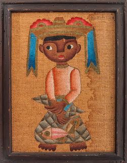 Mexican Folk Art Painted Grasscloth Girl
