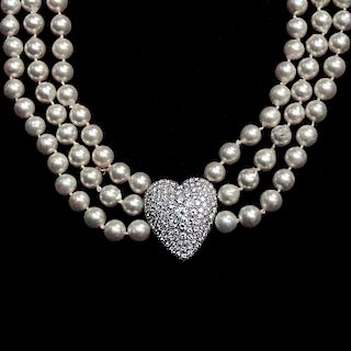 Vintage Three Strand 7.5mm White Pearl Necklace Accented with Approx. 5.0 Carat Pave Set Round Brilliant Cut Diamond and 14 K