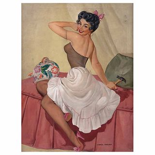 MARIO CHÁVEZ MARIÓN, Mujer con ahorros o Rompiendo el Cochinito, ca. 1940, Firmado, Óleo sobre tela, 80 x 60 cm