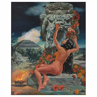 VICENTE MORALES, Mujer desnuda y Coatlicue, ca. 1950, Firmado, Óleo sobre tela, 150 x 120 cm