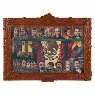 ROBERTO MONTENEGRO, Los héroes de la patria, Firmada, Mixta sobre madera, 187 x 244 cm medidas totales con marco