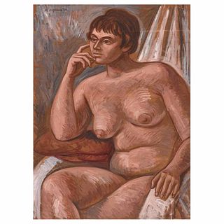 RAÚL ANGUIANO, Sin título (Mujer desnuda), Firmado y fechado 69, Óleo sobre tabla, 110 x 80 cm
