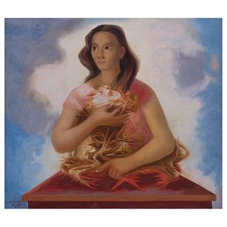 JESÚS GUERRERO GALVÁN, Mujer con caracol, Firmado y fechado 1971, Óleo sobre tela, 70.5 x 80 cm, Con certificado