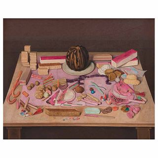 GUSTAVO MONTOYA, Bodegón de dulces mexicanos, 1973, Firmado, Óleo y mixta sobre tela, 102 x 125.5 cm