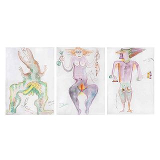 LEONORA CARRINGTON y PEDRO FRIEDEBERG, Cadáver exquisito, Firmados por ambos artistas, Lápices de color / papel, 31 x 23cm c/u, Pzs:3
