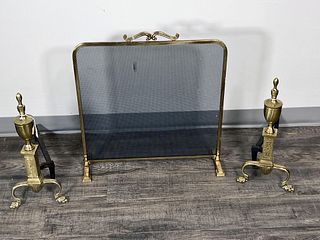 BRASS ANDIRONS AND FIREPLACE SCREEN