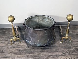 ANDIRONS AND COPPER KETTLE CAULDRON