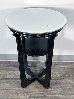 VINTAGE ROUND BLACK SIDE LAMP TABLE WITH WHITE GLASS TOP