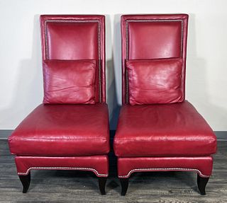 PAIR RED LEATHER TALL BACK CHAIRS