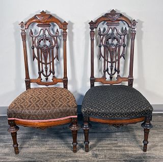 PAIR AESTHETIC PERIOD CARVED WOOD PARLOR CHAIRS