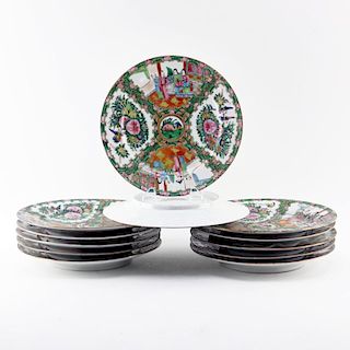 Lot of Twelve (12) Antique Chinese Rose Medallion Footed Porcelain Plates