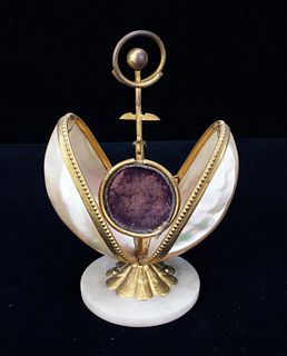 FRENCH MOTHER OF PEARL & BRASS POCKET WATCH HOLDER STAND