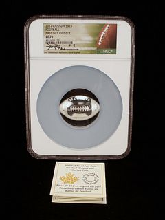 2017 $25 SILVER CANADA JOE THEISMANN SIGNED FOOTBALL PF70 NGC FIRST DAY OF ISSUE COIN