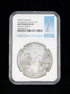 2020 P SILVER EAGLE MINT ERROR FIRST DAY OF ISSUE MS69 NGC COIN