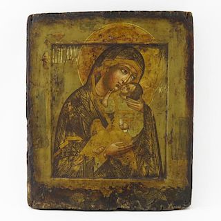 17/18th Century Russian Icon on Cradled Panel, Madonna and Child