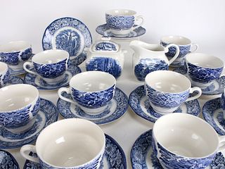 14 STAFFORDSHIRE LIBERTY BLUE TRANSFERWARE TEA CUPS, SAUCERS SUGAR & CREAMER