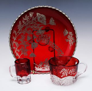 ANTIQUE RED GLASS SOUVENIR CUPS AND PLATE