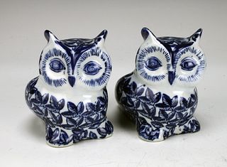 PAIR OF CHARMING BLUE & WHITE POTTERY OWLS