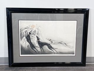 ICART PRINT OF WOMAN WITH GREYHOUNDS SIGNED & EMBOSSED