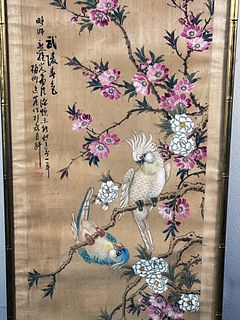 FRAMED CHINESE BIRDS & FLOWERS SCROLL