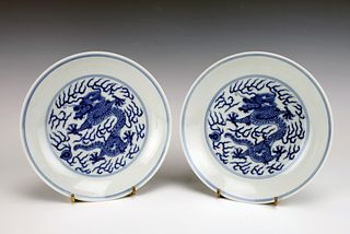 PAIR CHINESE BLUE & WHITE DRAGON DISHES
