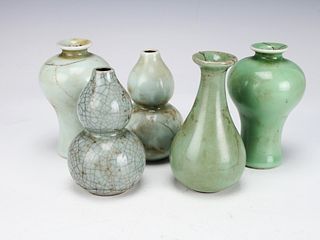 FIVE SMALL MEIPING CELADON VASES
