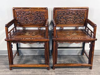 PAIR CARVED PIERCED HUANGHUALI ROSE CHAIRS WITH INLAY