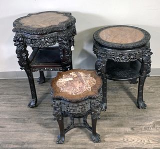 3 CARVED ANTIQUE CHINESE TABLES MARBLE INSET 