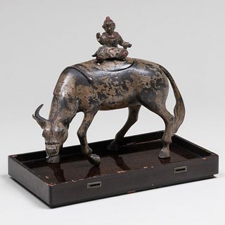 Chinese Polychromed Bronze Buffalo Censer and Cover
