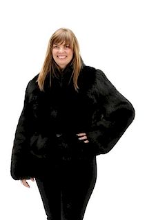 Black Orylag Fur Coat with Leather Accents
