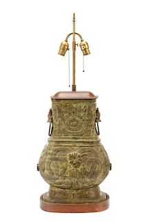 Chinese Archaic Bronze Urn Two-Light Table Lamp