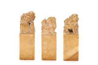 Carved Soapstone Chop Seal Set of Three, Fu Dogs