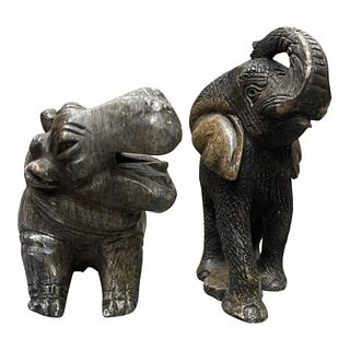 N. Mwrea African Hand Carved Stone Elephant and Hippo
