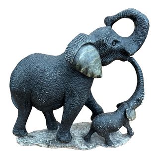 Hand Carved "Elephant and Calf" Stone Sculpture