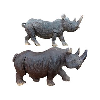 Hand Carved "Rhinoceros Pair" Stone Sculptures