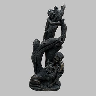 Hand Carved "Boys in a Tree with Lion" Stone Sculpture