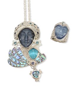 A carved sterling silver and multi-gemstone jewelry set